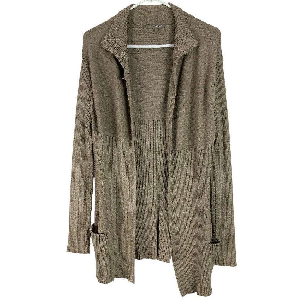 Philosophy Tan Ribbed Cardigan S Open Front Collared Long Sleeve Pockets